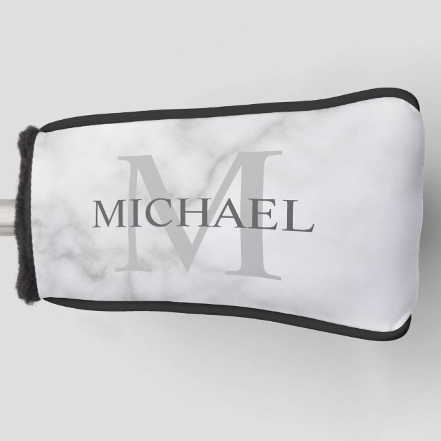 Personalized Monogram and Name White Marble Golf Head Cover (Front)