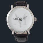 Personalized Monogram and Name White Watch<br><div class="desc">Personalized Elegant Monogram and Name Gifts featuring personalized monogram in classic serif font style with box of name in the middle of monogram.</div>