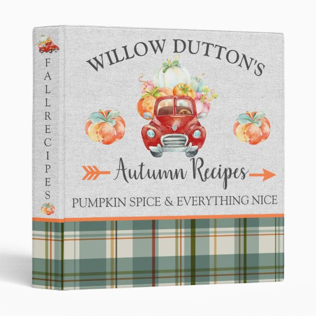 Personalized Monogram Autumn Harvest Truck Recipe Binder (Front/Spine)