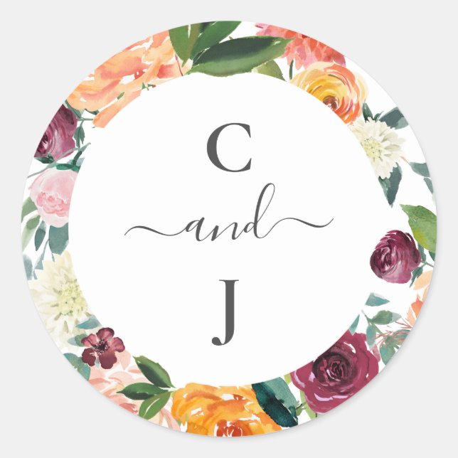 Personalized Monogram Autumn Wedding Classic Round Sticker (Front)
