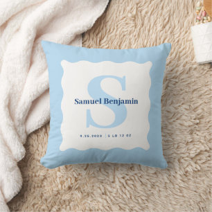 Personalized Monogram Baby Stats Keepsake Blue  Throw Pillow