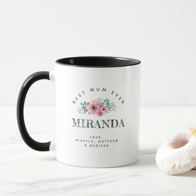 Personalized Monogram Best Mom Ever Pink Flowers Mug (With Donut)