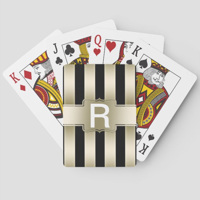Personalized Monogram | Black and Gold Stripes Playing Cards (Back)
