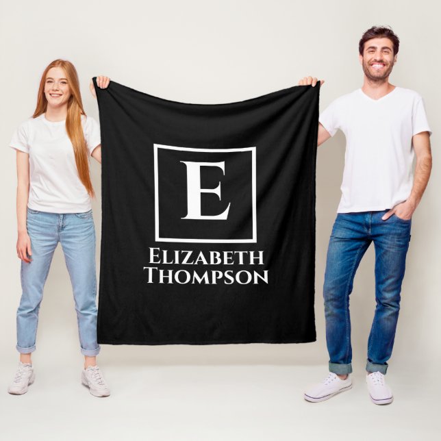 Personalized Monogram Black and White Minimalist Fleece Blanket (In Situ)