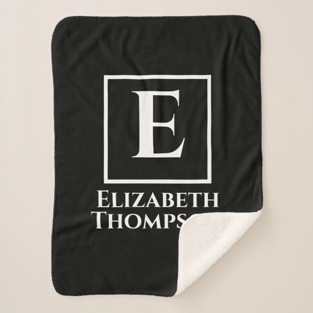 Personalized Monogram Black and White Minimalist Sherpa Blanket (Front)