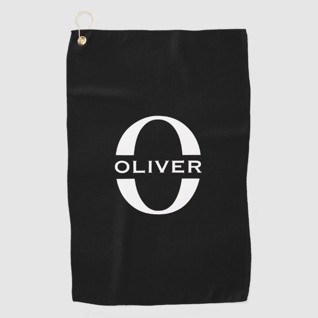Personalized Monogram Black And White Name Golf Towel (Front)