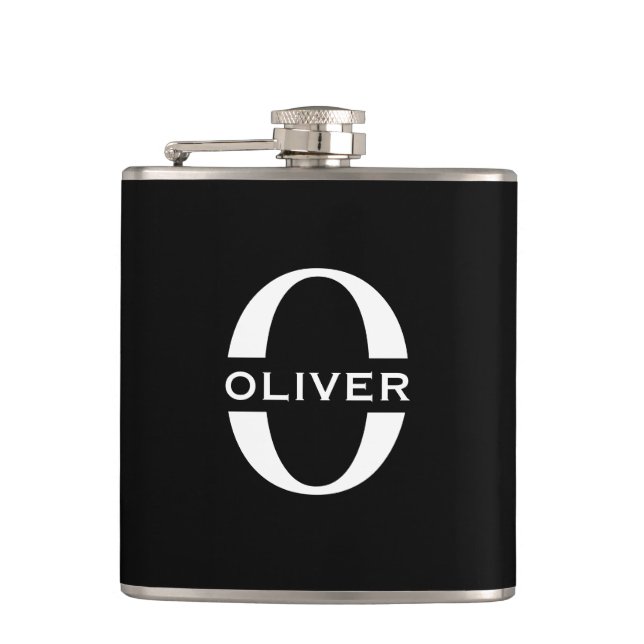 Personalized Monogram Black And White Name Hip Flask (Front)