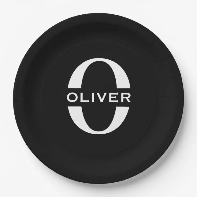 Personalized Monogram Black And White Name Paper Plate (Front)