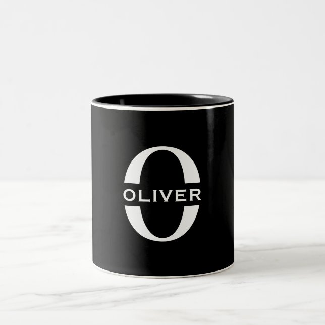 Personalized Monogram Black And White Name Two-Tone Coffee Mug (Center)