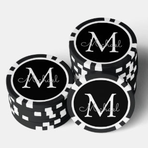 personalized  monogram  black and white simple poker chips