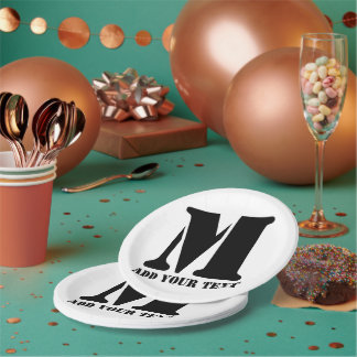 Personalized Monogram Black Custom Modern Text Paper Plate