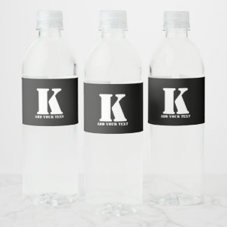 Personalized Monogram Black Custom Modern Text Water Bottle Label