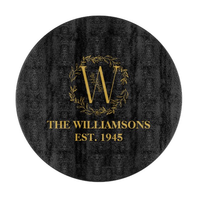 Personalized Monogram Black & Gold Family Initial Cutting Board (Front)