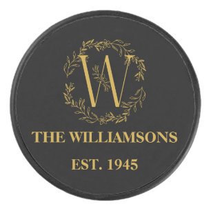 Personalized Monogram Black & Gold Family Initial Hockey Puck
