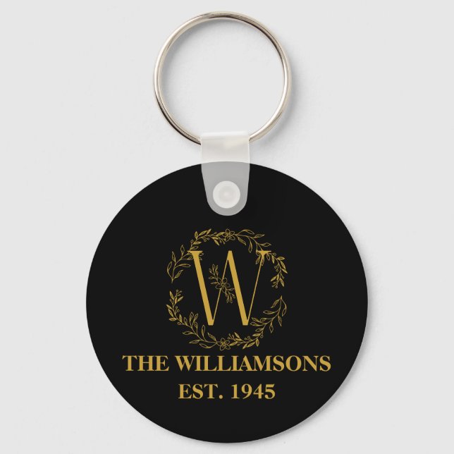 Personalized Monogram Black & Gold Family Initial Keychain (Front)