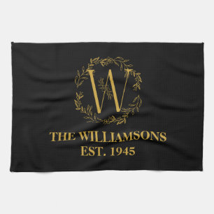 Personalized Monogram Black & Gold Family Initial Kitchen Towel
