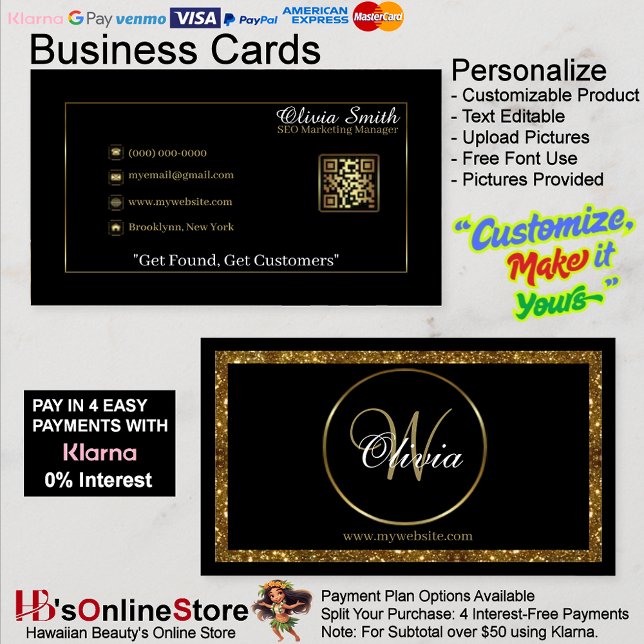 Personalized Monogram Black & Gold Glitter QR Code Business Card (Personalized Monogram Black & Gold Glitter QR Code Business Card.)