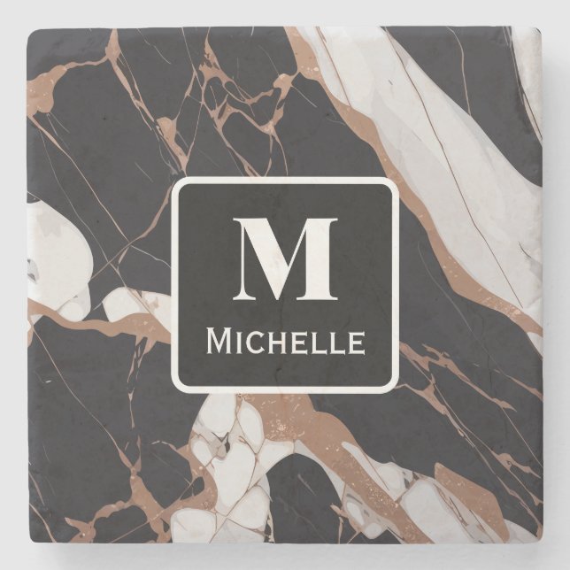 Personalized Monogram Black & Gold Marble Stone Coaster (Front)