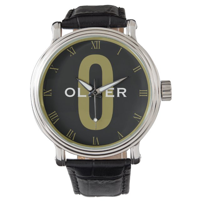Personalized Monogram Black Gold White Custom Name Watch (Front)