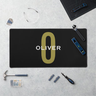 Personalized Monogram Black Gold White Name Desk Mat