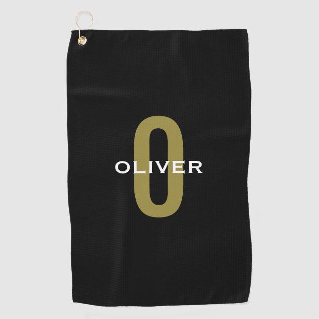 Personalized Monogram Black Gold White Name Golf Towel (Front)
