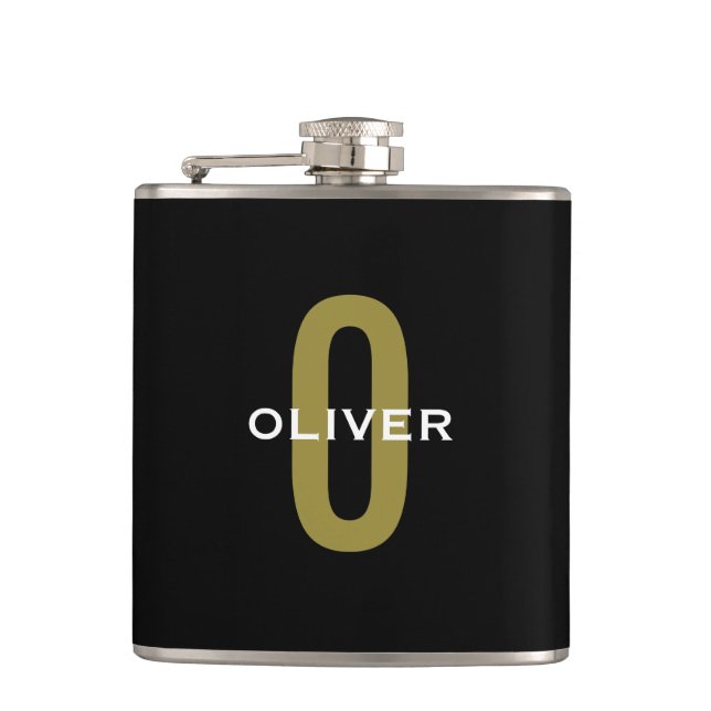 Personalized Monogram Black Gold White Name Hip Flask (Front)