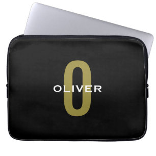Personalized Monogram Black Gold White Name Laptop Sleeve