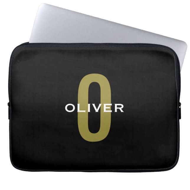 Personalized Monogram Black Gold White Name Laptop Sleeve (Front)