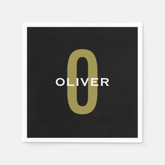 Personalized Monogram Black Gold White Name Napkin (Front)