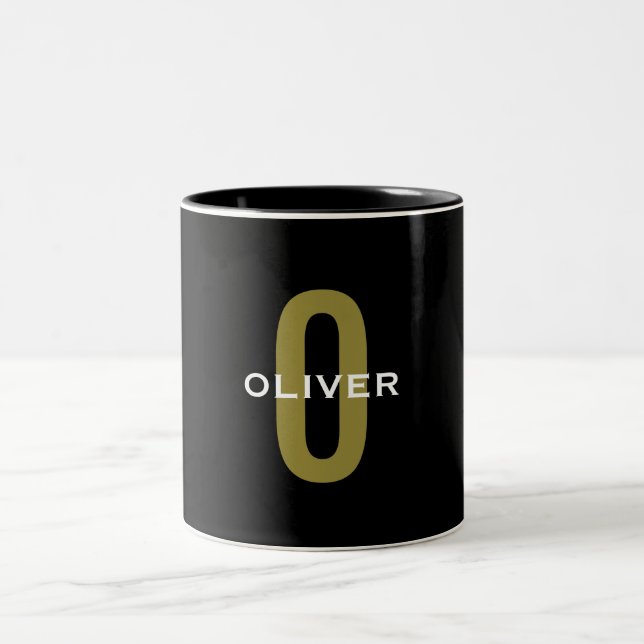 Personalized Monogram Black Gold White Name Two-Tone Coffee Mug (Center)
