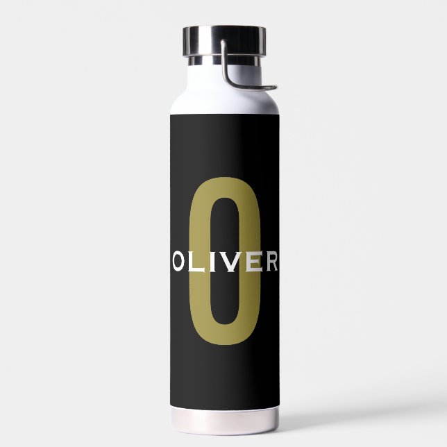 Personalized Monogram Black Gold White Name Water Bottle (Left)
