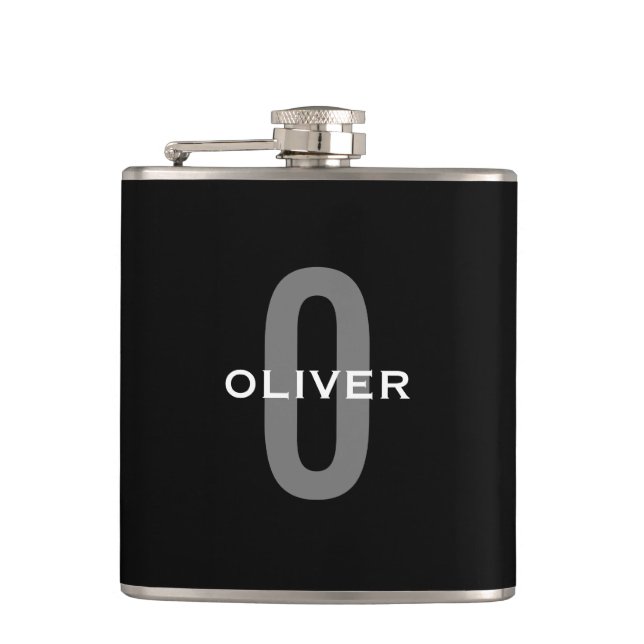 Personalized Monogram Black Grey White Name Hip Flask (Front)