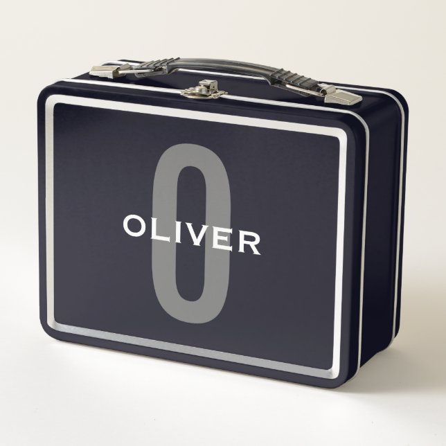 Personalized Monogram Black Grey White Name Metal Lunch Box (Front)