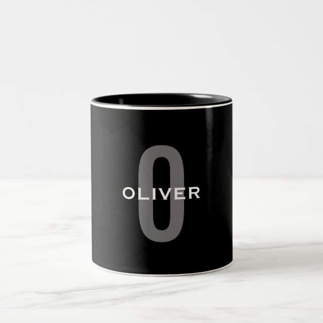 Personalized Monogram Black Grey White Name Two-Tone Coffee Mug (Center)