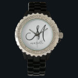 Personalized Monogram Black Initial Script Name Watch<br><div class="desc">An elegant modern personalized monogram featuring a black initial and script name. An elegant watch for her; wife,  daughter or granddaughter.</div>