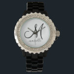 Personalized Monogram Black Initial Script Name Watch<br><div class="desc">An elegant modern personalized monogram featuring a black initial and script name. An elegant watch for her; wife,  daughter or granddaughter.</div>