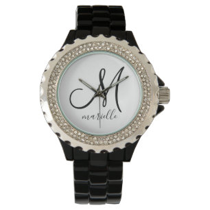 Personalized Monogram Black Initial Script Name Watch