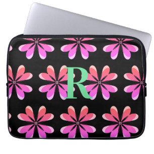 Personalized Monogram black pink retro floral Laptop Sleeve