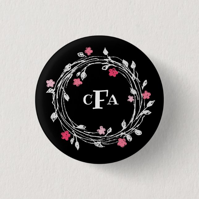 Personalized Monogram Black & White Floral Wreath 1 Inch Round Button (Front)