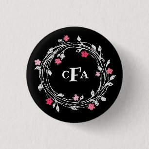 Personalized Monogram Black & White Floral Wreath 1 Inch Round Button
