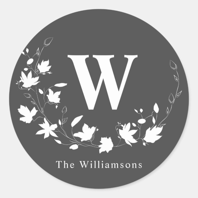 Personalized Monogram Black White Floral Wreath Classic Round Sticker (Front)