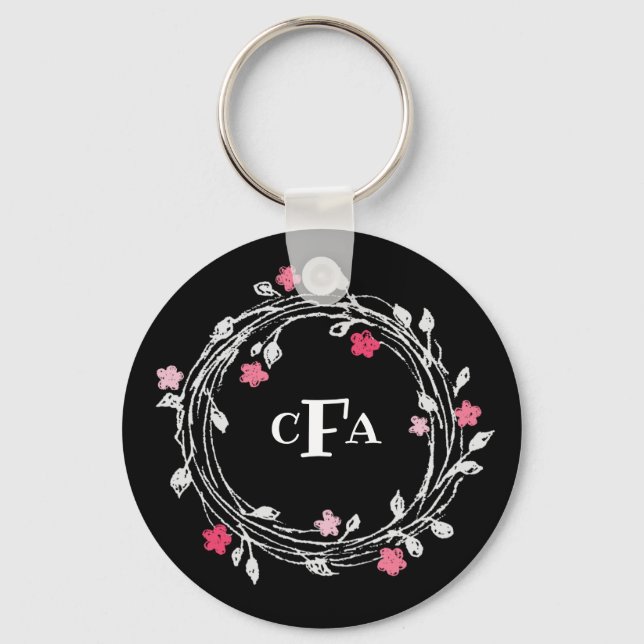 Personalized Monogram Black & White Floral Wreath Keychain (Front)