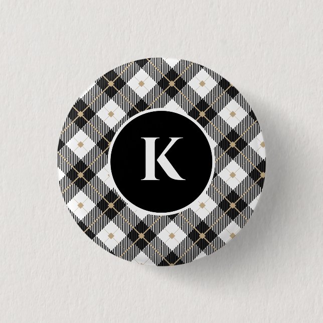 Personalized Monogram Black White Gold Plaid 1 Inch Round Button (Front)