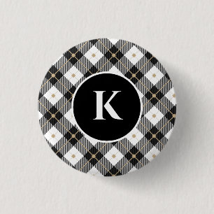 Personalized Monogram Black White Gold Plaid 1 Inch Round Button