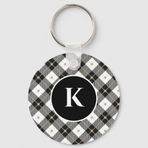 Personalized Monogram Black White Gold Plaid Keychain
