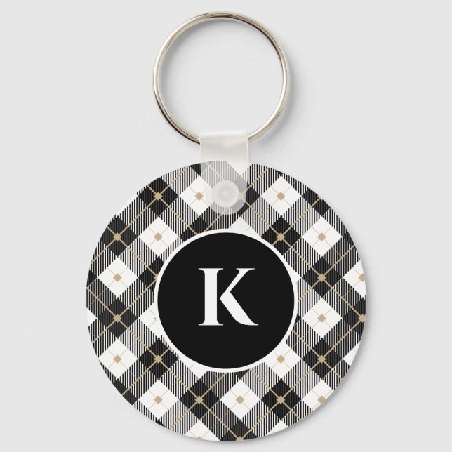 Personalized Monogram Black White Gold Plaid Keychain (Front)