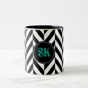 Personalized Monogram Black & White Herringbone - Two-Tone Coffee Mug