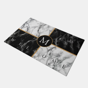 Personalized Monogram Black White Marble Doormat