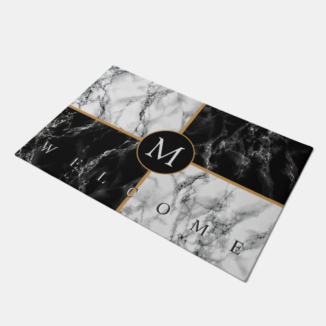 Personalized Monogram Black White Marble Doormat (Angled)