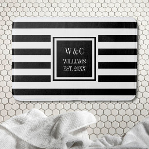 Personalized Monogram Black White Stripe Bath Mat